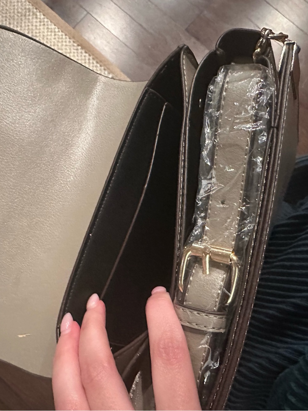 Grey Suede-Top Crossbody Bag with Gold Ring Accent - Picture 3 of 3
